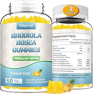 2 Pack Sugar-Free Rhodiola Rosea Gummies, Adaptogenic Rhodiola Rosea Supplement & Cortisol Blocker for Enhanced Stamina, Mood Elevation, and Motivation Boost, Non-GMO, Vegan, 120 Count