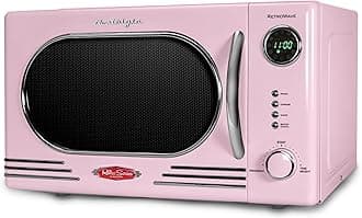 Nostalgia Retro Countertop Microwave Oven - 1.1 Cu Ft & 1000 Watt Power- Easy to Clean with Removable Glass Turntable - Child Safety Lock - 12 Programs - Digital Clock - Pink