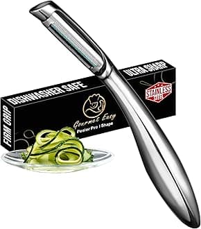 High quality stainless steel peeler for fruits and vegetables I Peeler with ultra-sharp blade for potatoes and asparagus, ergonomic non-slip handle I 5-year warranty I By Groumet Easy