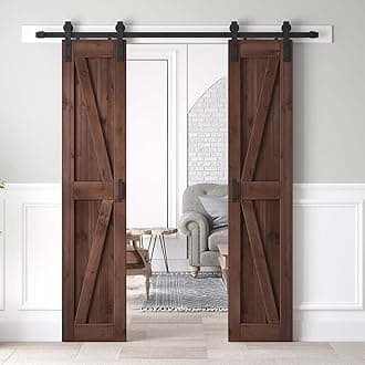 36x84 inch (Double 18×84 inch Door) Sliding Barn Wood Door Slab with 6.6ft Hardware Kit and Handle, Coffee, K Shape, Simple DIY Assembly