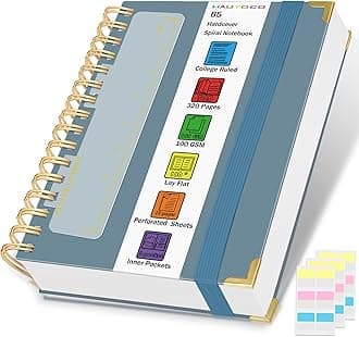 HAUTOCO Spiral Notebook College Ruled B5 Leather Bound Journal, 320 Pages, Hardcover Notebooks with tabs, 100 GSM Paper, 7"x 9.7" Lined Journaling Notebooks for Work Office School Business, Airy Blue