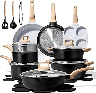 CAROTE 21pcs Pots and Pans Set Nonstick, Cookware Set Black Induction Kitchen Cooking Set w/Frying Pans & Saucepans(PFOS, PFOA Free)