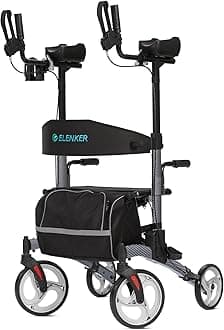 ELENKER Upright Walker, Stand Up Folding Rollator Walker with 10” Front Wheels, Padded Armrests, Seat and Backrest for Seniors and Adults, Color: Carbon Fiber Black