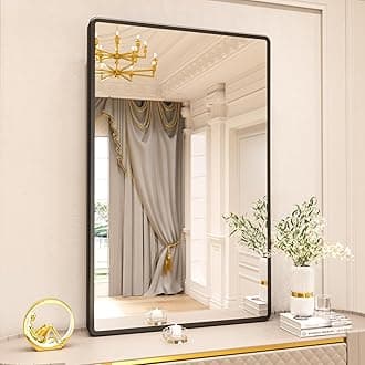 New Upgrade Bathroom Mirror, 48X30 Inch Black Metal Frame Wall Mounted Rounded Rectangle Bathroom Vanity Mirror with Tempered Glass for Washroom Bedroom Living Room