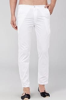 Men's White Cotton Lycra Pant Style Pyjama Comfortable Ethnic & Casual Wear with Elastic Waistband & Pockets for Festive/Wedding
