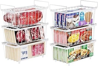 iSPECLE Chest Freezer Organizer Bins - Fits 7 Cu.Ft Deep Freezer, 6 Pack Stackable Wire Baskets(14.7" Length), Heavy Duty Coated Freezer Organizer, Rust Resistant for Frozen Food Sorting, White