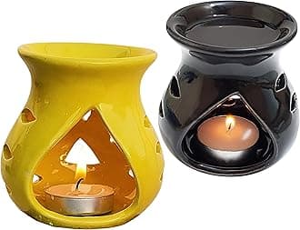 Pure Source India Ceramic Oil Burner Aroma Diffuser (Black & Yellow) -Set of 2