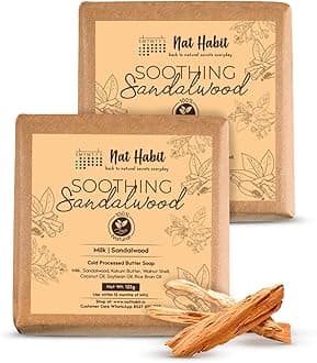 Nat Habit Sandalwood De-Tan Soap |Body Tan Removal Soap for Women & Men | Cold Processed Sandal for Tanning, Skin Brightening & Scar Reduction | Handmade & Anti Tan with Rakt Chandan | 125g x 2