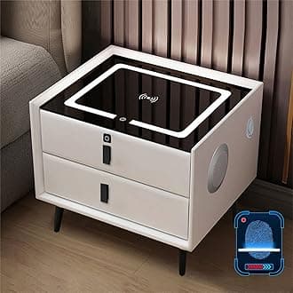 Smart Bedroom Nightstand with Fingerprint Lock and Adjustable LED Lights,Modern Bedside Cupboard with USB and Type-C Port, Wireless Charging Station and Speaker,Furniture Small Spaces Side