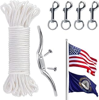 Flag Rope and Clips Kit - 100ft Flag Pole Rope Halyard with Cleat Hook & 4 Pcs Swivel Snap Clips for Flagpoles Up to 50ft, Outdoor Porch Flagpoles Repair Replacement Parts Accessories
