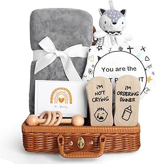 Baby Shower Gifts, New Born Baby Gifts for Girls Boys, Unique Baby Gifts Basket Essential Stuff - Baby Lovey Blanket Newborn Bibs Socks Wooden Rattle & Greeting Card, Newborn Baby Gift Set