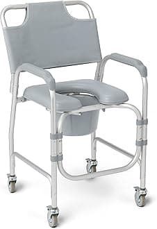 Aluminum Padded Shower Chair Commode with 4 Locking Casters, 300 lbs. Capacity — For Restroom, Bathroom & Wheelchair Transfer to Toilet, 1 Ct.