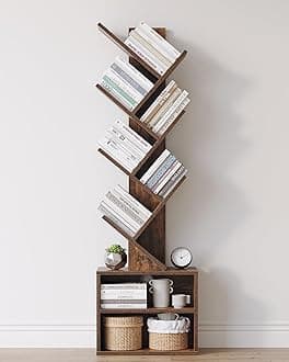 SUNMORY 6 Tier Tree Bookshelf, Small Bookcase with Storage Cabinet, Modern Tall Narrow Bookshelves Organizer, Floor Standing Book Shelf for Bedroom/Living Room/Home Office/Corner, Rustic Brown