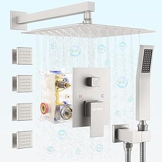 Shower Body Sprays Systems, 10 Inch Rain Shower Wall Mounted, All Metal Multiple Shower Head System, Contain Pressure Balanced Rough-in Shower Valve, Brushed Nickel