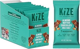 KiZE Vegan Energy Bar, Almond Butter Chocolate Sea Salt, 7 Ingredients, 8g Protein, Clean & Simple Real Food, Gluten Free, Plant Based Snack, Non-GMO, Soy Free, Mission Based (10 Count)