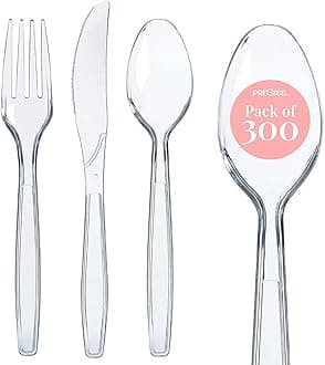 Prestee 600 Clear Plastic Silverware Set | Disposable Plastic Utensils | 300 Plastic Forks 200 Plastic Spoons 100 Plastic Knives | Plastic Cutlery Set | Heavy Duty Bulk Flatware Set