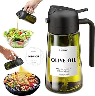 Oil Sprayer for Cooking, 2 in 1 Olive Oil Dispenser Bottle for Kitchen, 16oz/470ml Premium Glass Oil Bottle, Food-grade Oil Mister for Air Fryer, Salad, Frying, BBQ (Black + Dark Green Bottle)