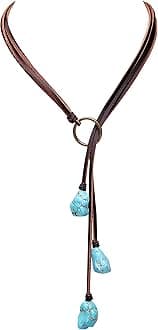 Bohemian Synthetic Turquoise Necklace Handmade Vintage Y-shaped Jewelry with Genuine Flat Brown Leather