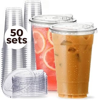 24 oz Clear Plastic Cups with Strawless-Sip-Lids, 50 Sets Disposable Cups Plastic Iced Coffee Cups, To Go Cups with Sip Through Lids for Smoothie, Milkshake, Cold Drinks for Party, Wedding, Event