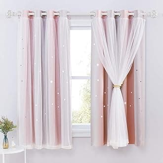 NICETOWN Kids Blackout Curtains Voile - Eyelet Top Thermal Insulated Curtains Light Blocking Filter Window Star Curtain for Kids Girls Nursery Bedroom, Grey Pink, 2 Panels, W52 x L63 Inch (132x160 cm