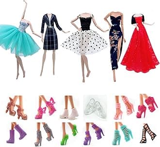 Fashion Doll Clothes Dress and Accessories 5 Sets Doll Dress Outfits + 12 Pairs Random Style Shoes for 11.5" Girl Dolls (Style B)