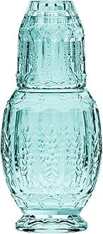 Elle Décor Vintage Bedside Water Carafe With Tumbler – Elegant Pitcher and Matching Drinking Glass Doubles As Lid For Guest Room, Office-Makes A Gift, 4.7”x10.2", Green