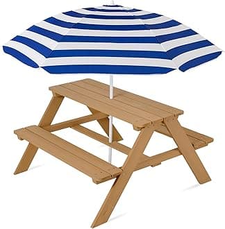 Best Choice Products Kids Wooden Picnic Table, Outdoor Activity & Dining Table w/Adjustable Collapsible Umbrella, Built-in Seats - Natural/Navy