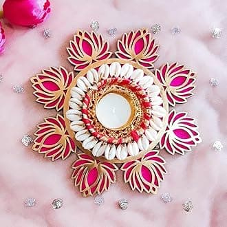 Jaipur Ace Decorative Diwali Tealight Diya | Handmade MDF Lotus tealight Candle Holder with Shell Tealight Rangoli/Candles Set for Home Decoration | Diwali Laxmi Pooja Diya (Pack of 1)