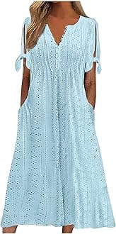 Elegant Summer Dresses for Women 2026 Trendy Tie Short Sleeve Button Down v Neck Eyelet Maxi Long Tshirt Dress