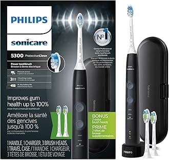 ProtectiveClean 5300 Rechargeable Electric Toothbrush, with Pressure Sensor, 3 Cleaning Modes, SmarTimer and QuadPacer, with 2 Bonus Brush Heads, Travel Case, Black, Model HX6423/34