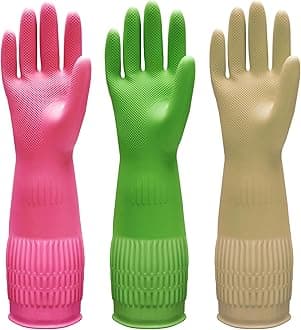 Bamllum 3 Pairs of Rubber Dishwashing Gloves for Kitchen and Household Cleaning – Long Cuff 15", Reusable, Flexible Long-lasting and Non-Slip (Red+Yellow+Green, Large)