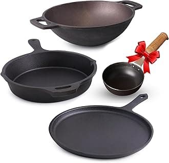 The Indus Valley Pre-Seasoned Cast Iron Cookware Set | Tawa(25.2cm), Fry Pan (25cm), Wok Model Kadai (26cm) & Tadka Pan (16.4cm) | Kitchen Cooking Combo Pots and Pans Set of 4Pcs Black