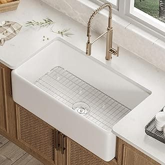 DeerValley Farmhouse Kitchen Sink 30 Inch, Fireclay White Apron Front Farm Sink, Single Bowl Deep Drop-in Undermount Reversible Sink with Grid & Strainer