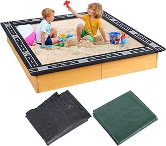Dollate Large Outdoor Wooden Sandbox with Four Sides Racing Track Design, Suitable for Games, Toy Storage, Planting Flowers
