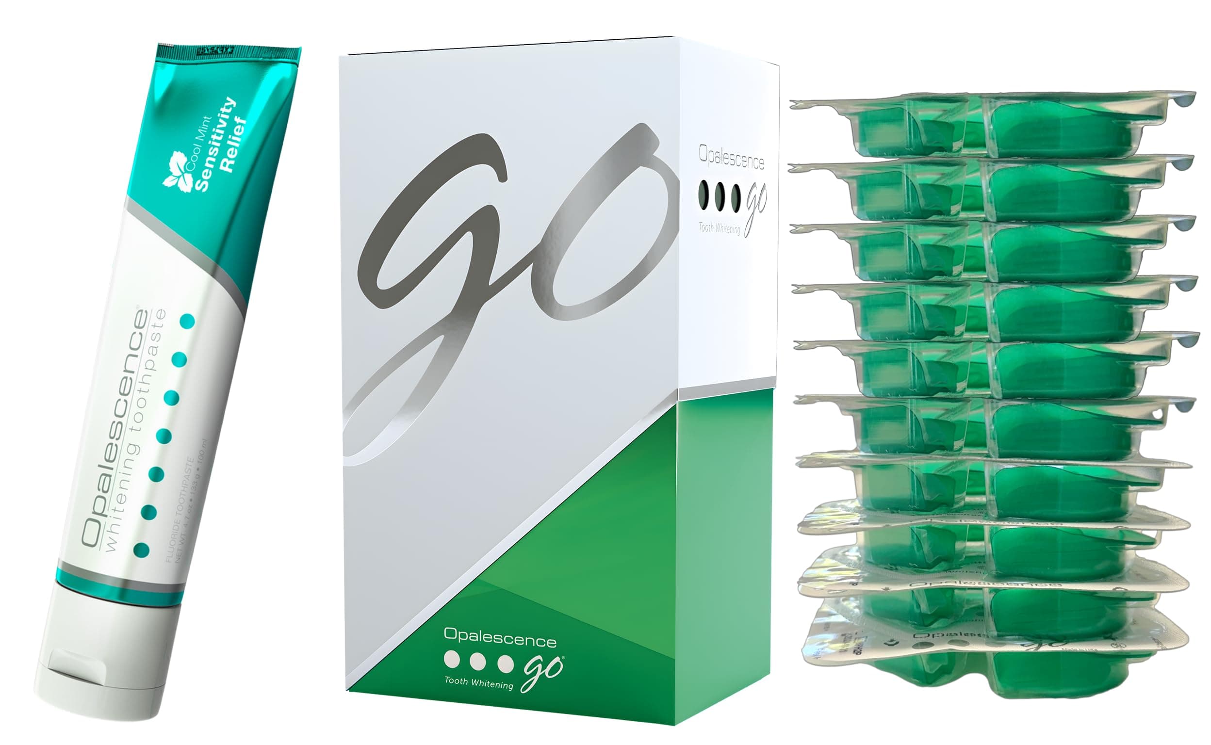GO Teeth Whitening Prefilled Trays with Sensitive Toothpaste Bundle (10 Trearments) 15% Hydrogen Peroxide Gel Plus Opalescence Whitening Toothpaste 4.7 Onz - Mint Flavor- 5194-5167