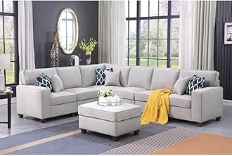 Southwestern Sensibilities Upholstered Modern Linen Blend Fabric Sectional Sofa Set - Living Room Sectional Sofa with Ottoman, Living Room Sectional Couch Light Gray/7-Piece/Without Chaise