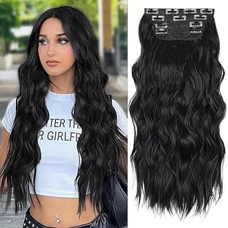 ALXNAN Clip in Long Wavy Synthetic Hair Extension 20 Inch 4PCS Black Thick Hairpieces Fiber Double Weft Hair for Women
