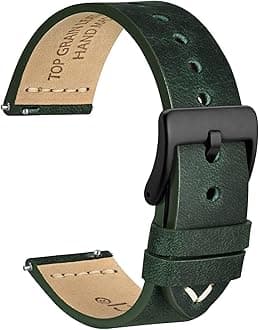 WOCCI 20mm Old-fashioned Watch Band for Men, Top Grain Leather, Black Matte Buckle (Army Green)