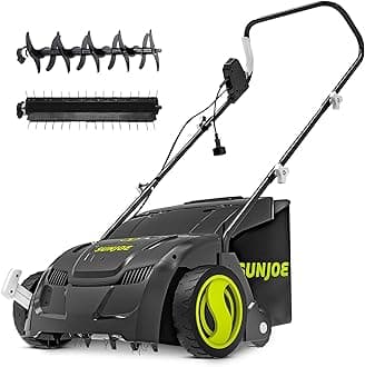Sun Joe AJ801E 12-Amp, Electric Dethatcher and Scarifier w/Removeable 8-Gallon Collection Bag, 5-Position Height Adjustment, Airboost Technology Increases Lawn Health, 13 inch, Green