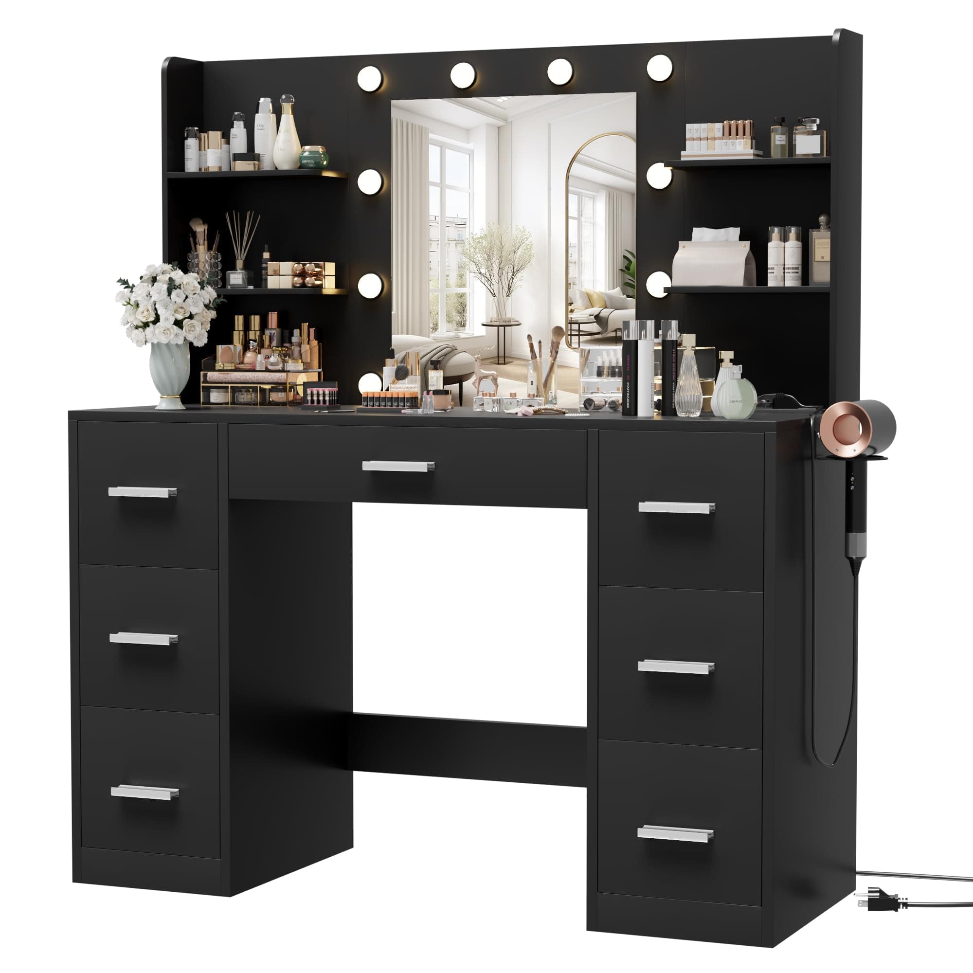 Furmax Dressing Table with Mirror, LED Lights and Power Outlet with 7 Drawers and 6 Storage Shelves for Bedroom, Dressing Room, (Black)