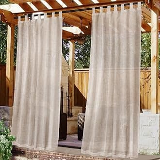 H.VERSAILTEX Outdoor Linen Sheer Curtains for Patio Waterproof - Outdoor Divider Privacy Added Light Filtering Porch Decor with Detachable Self-Stick Tab Top for Gazebo, Natural, 1 Piece, W52 x L108