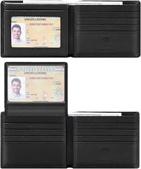 Travelambo Genuine Leather Wallet for Men with Gift Box - Handmade Bifold Stylish - Mens Wallets Rfid Blocking with 2 ID Windows, Oil Wax Black, M, Simple Large Capacity Casual Classic Contemporary