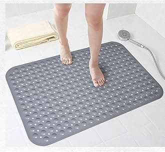 Extra Wide 90x60CM Non-Slip Soft Bath Mat Anti Slip TPR Shower Mat with Strong Suction Cups Non Skid Mats for Bathroom Toilet Hotel, Anti-Bacterial Safety Bathtub Mat,Grey