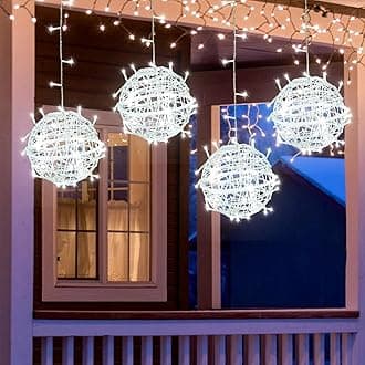 Outdoor Christmas Balls 4 Pack Hanging 11.8" LED Garden Sphere Tree Lights 8 Modes Waterproof String with Memory Timer Plug for Party Yard Porch Eave Patio Home Decoration-Cool White