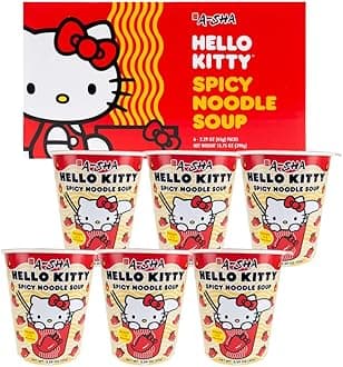 Hello Kitty Instant Ramen Noodle Cup |6 Pack Vegan Spicy Flavor | Premium Microwaveable Ramen Soup Mix, Asian Snacks