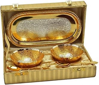 R Ayurveda Copper German Silver Single Bowl with Royal Velvet Box -2 Pieces Set (Pure Gold&Silver)