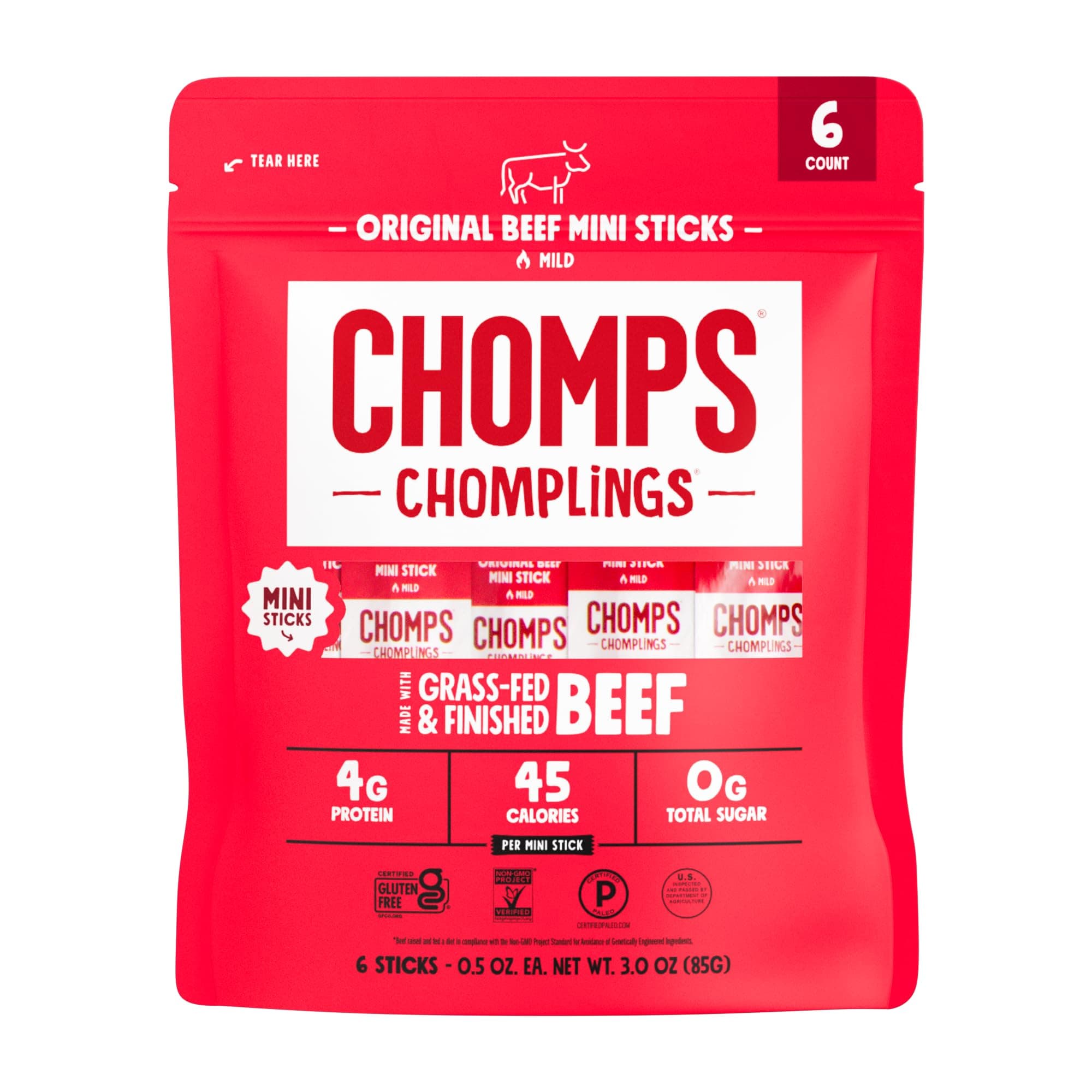 CHOMPS MINI Grass-Fed Beef Jerky Sticks, 0.5 oz, Original Beef 0.5 Ounce (Pack of 6)