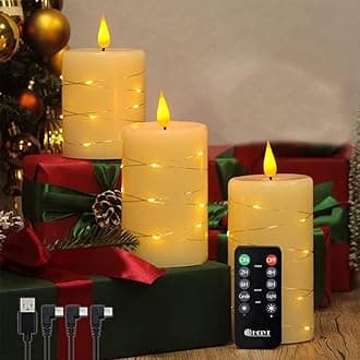 Rechargeable Flameless Candle, Flickering LED Pillar Real Wax Candle with Fairy Lights, Remote Control and Timer, Upgraded Teardrop Wick, Built-in Battery Electronic Candle, Set of 3