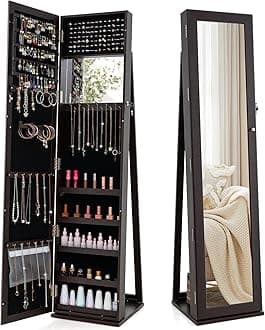 CHARMAID Jewelry Armoire Cabinet with 62" Tall Full Length Mirror, 2-in-1 Lockable Standing Jewelry Organizer with Large Storage Capacity, Inside Makeup Mirror, Stable Base, Easy Assembly (Espresso)