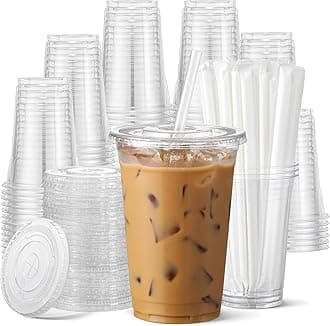 AOZITA 100 Pack 12 oz Clear Plastic Cups with Lids and Straws, Disposable Iced Coffee Cups for Cold Beverages, Smoothies, Iced Coffee, Leak-Proof, BPA-Free